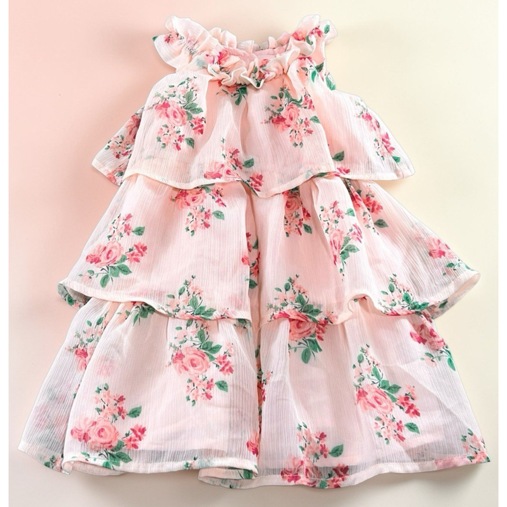 Baby Girl's Janie and Jack Floral Tiered Chiffon Dress Sz 12 to 18 Months Peach